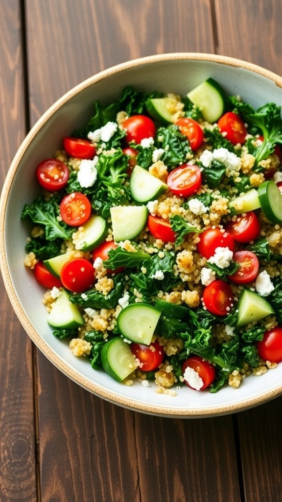 Healthy Kale Quinoa Salad Recipe A colorful kale quinoa salad with tomatoes, cucumber, and feta cheese in a bowl on a wooden table.